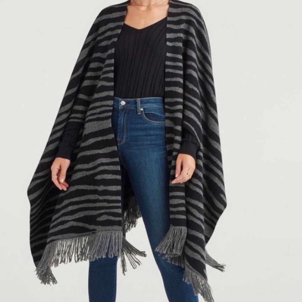 NWT 7 for All Mankind Cashmere Blend Fringe Zebra Poncho Wrap with Arm Holes
